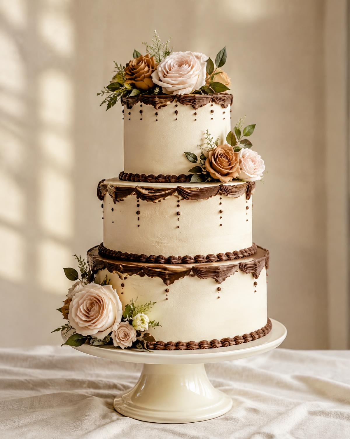 Three-tier ivory celebration cake with chocolate piping and garden roses